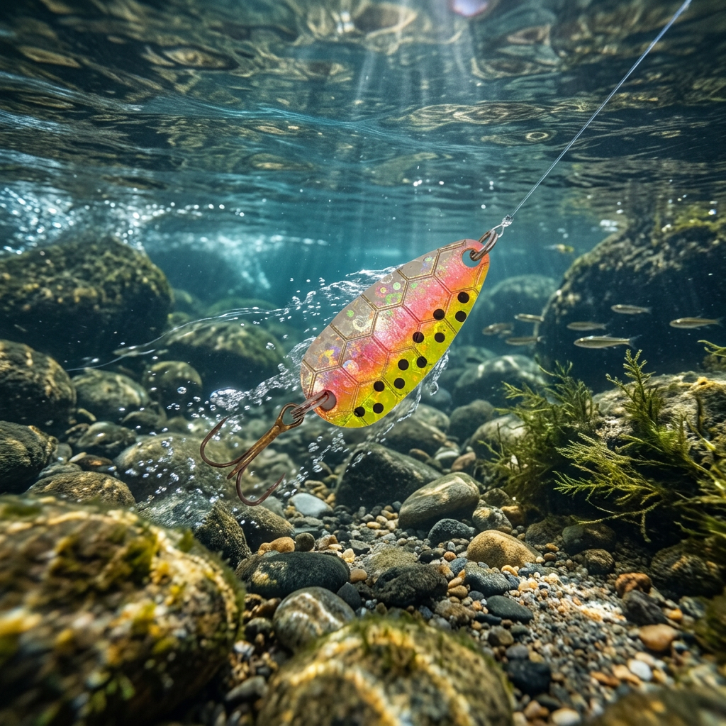 A multicolored fishing spoon lure with a treble hook, designed for trout fishing.
