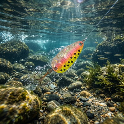 A multicolored fishing spoon lure with a treble hook, designed for trout fishing.
