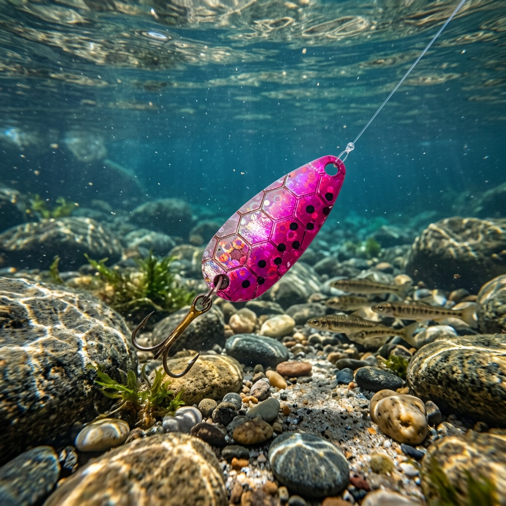 A multicolored fishing spoon lure with a treble hook, designed for trout fishing.
