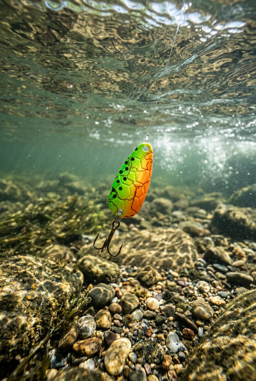 A multicolored fishing spoon lure with a treble hook, designed for trout fishing.