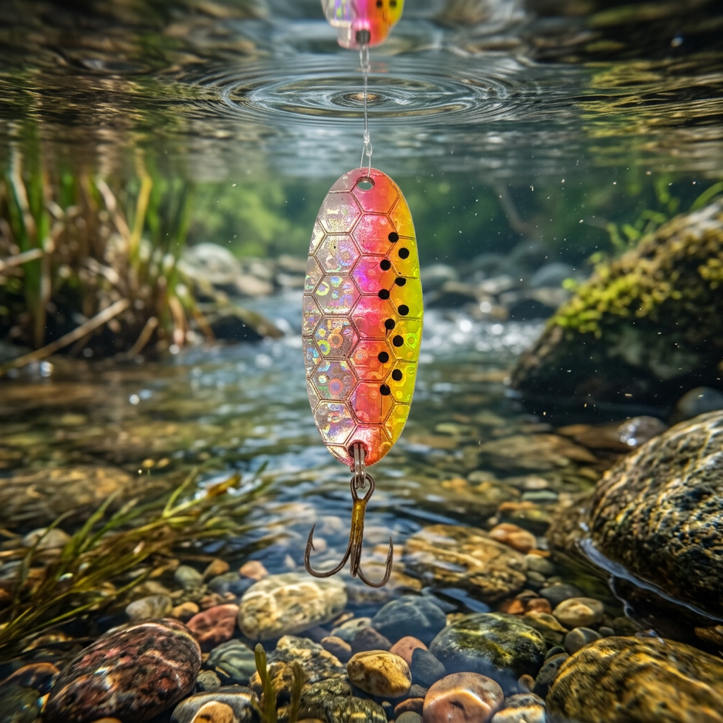 A multicolored wobbler casting spoon for fishing, with a shiny and reflective surface designed to mimic the appearance of small fish.