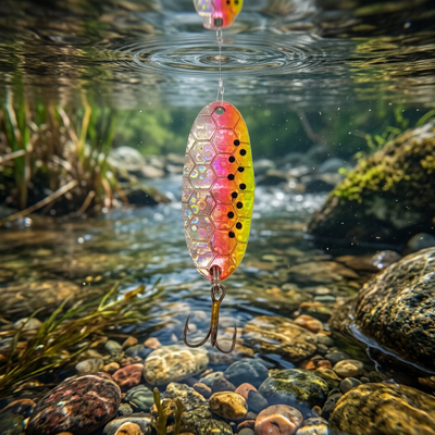 A multicolored wobbler casting spoon for fishing, with a shiny and reflective surface designed to mimic the appearance of small fish.