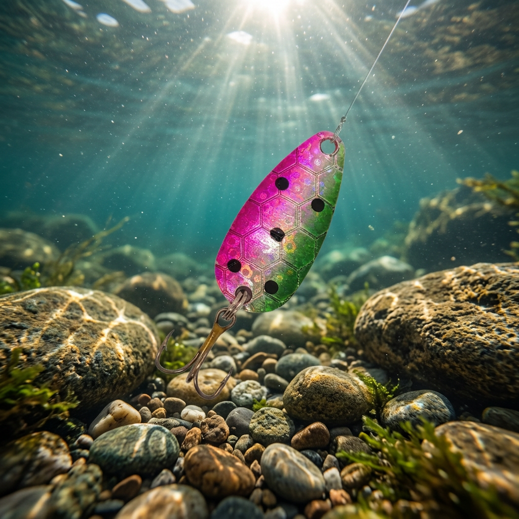 A multicolored fishing spoon lure with a treble hook, designed for trout fishing.