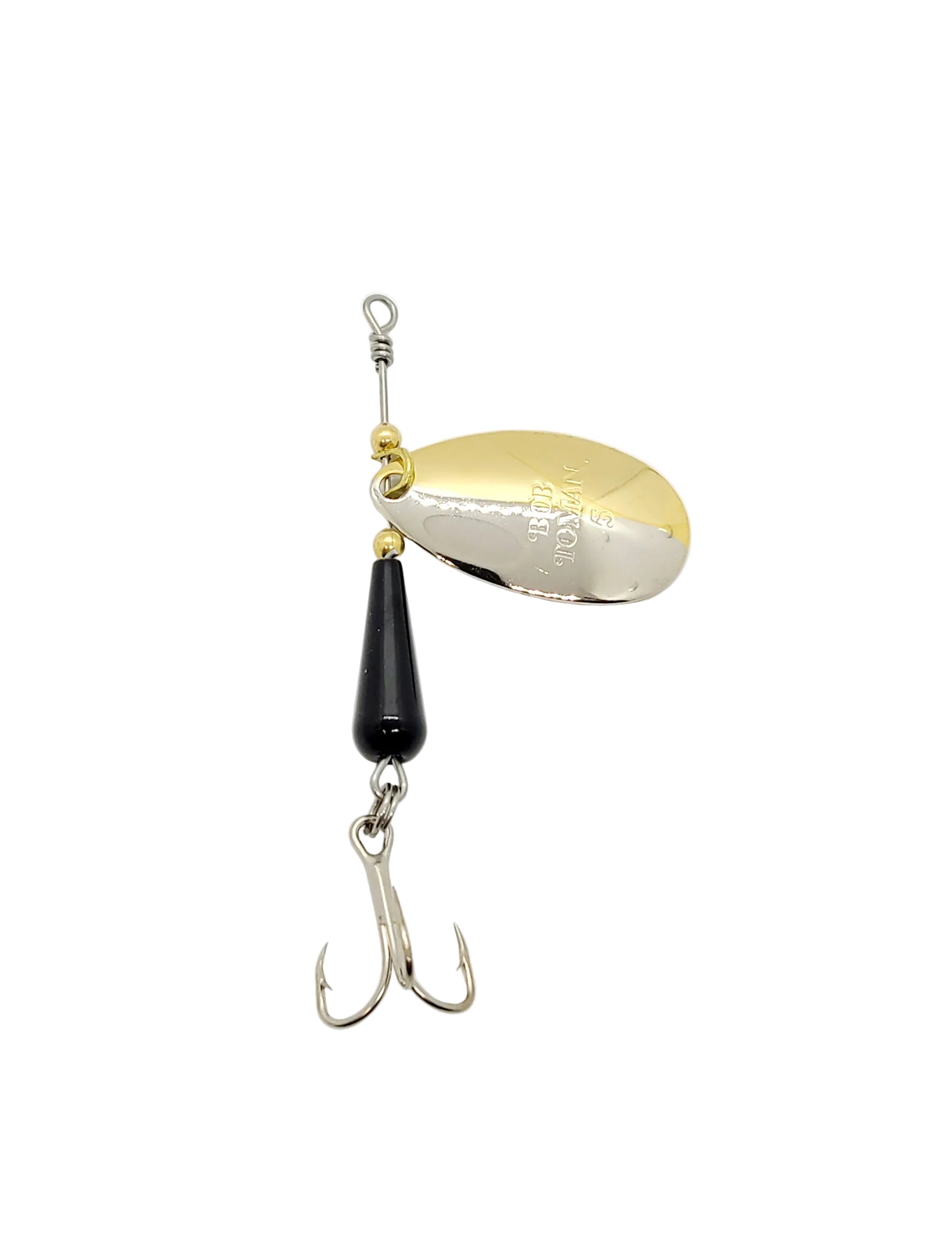 A gold and nickel spinner fishing lure with a black lead-free body and a size 6 Eagle Claw treble hook.