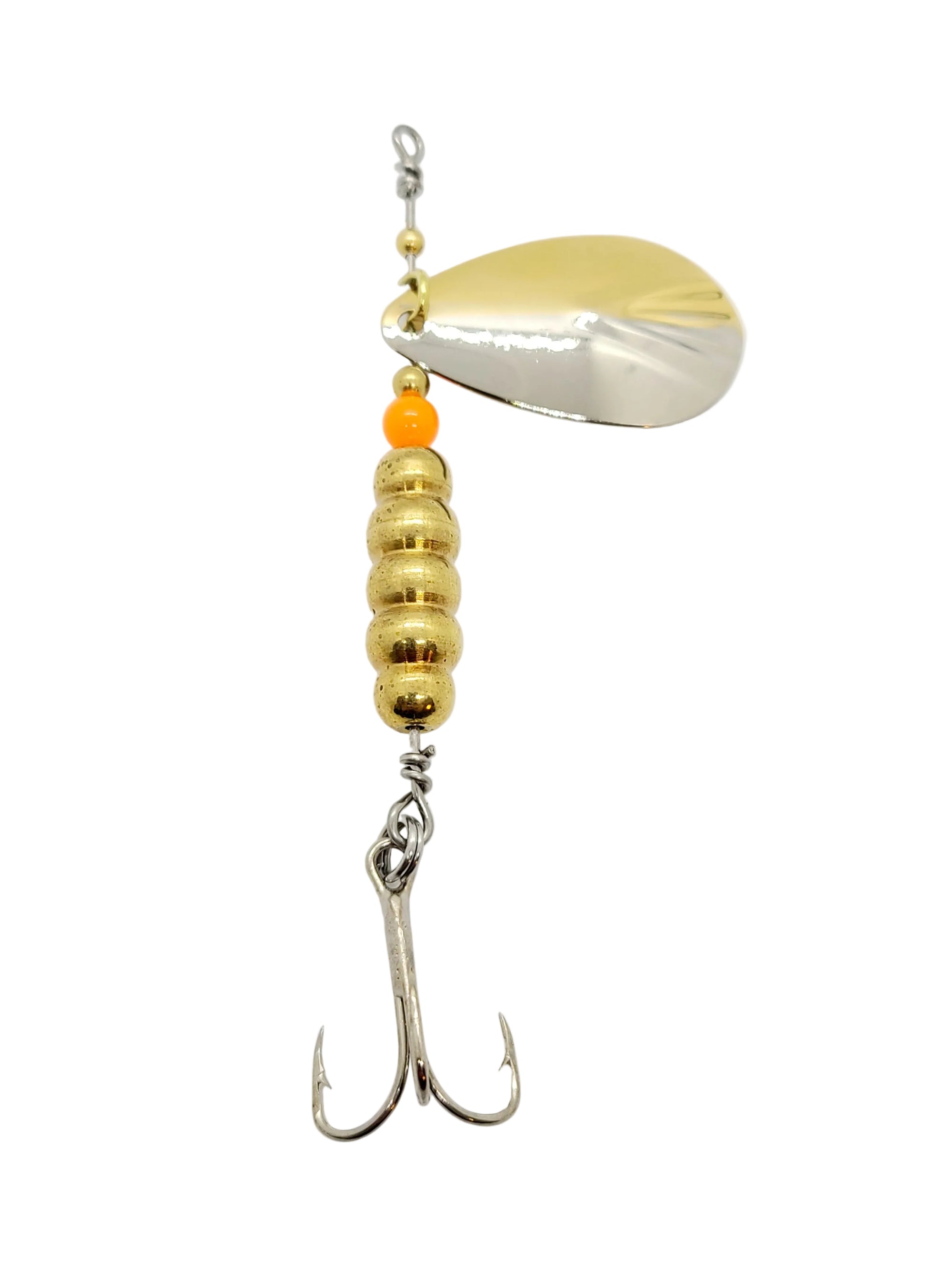 A gold and nickel fluted spinner with an orange bead and a size 2 Eagle Claw treble hook.