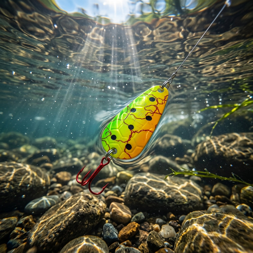 A multicolored fishing lure designed for trout with a treble hook.