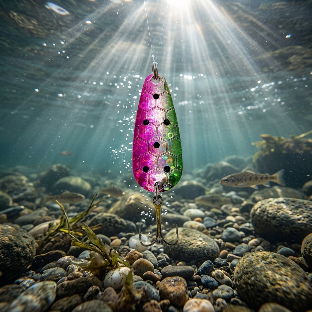 A multicolored fishing lure designed for trout with a treble hook.