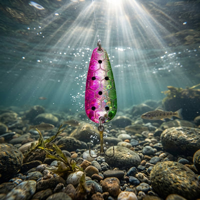 A multicolored fishing lure designed for trout with a treble hook.