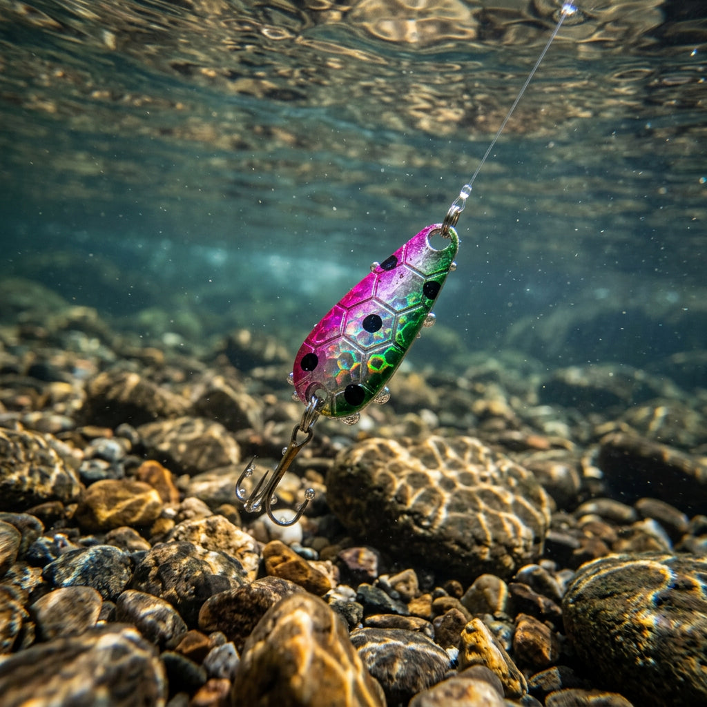 A multicolored fishing lure with a treble hook, primarily in green and pink hues.