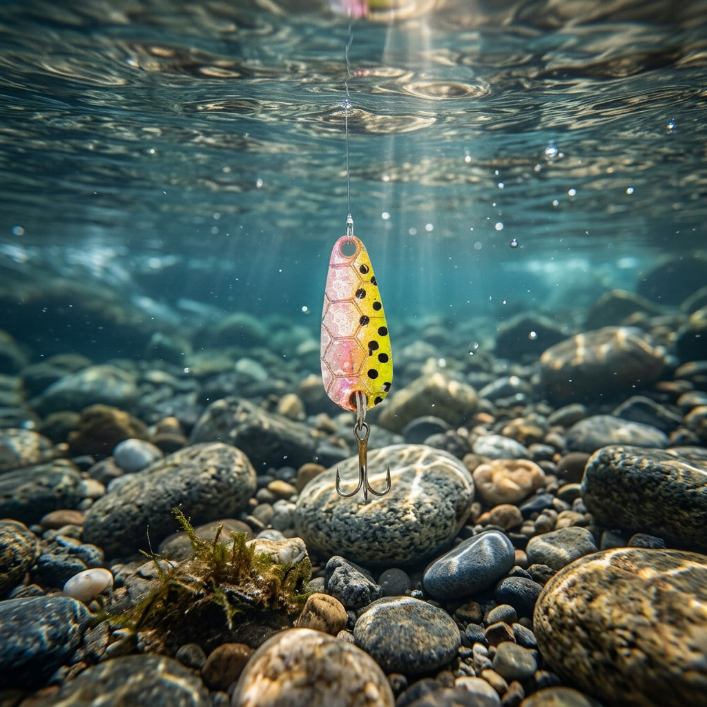 A multicolored fishing lure with a treble hook, primarily in yellow and pink hues.