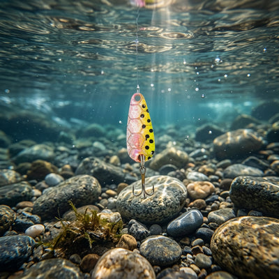 A multicolored fishing lure with a treble hook, primarily in yellow and pink hues.