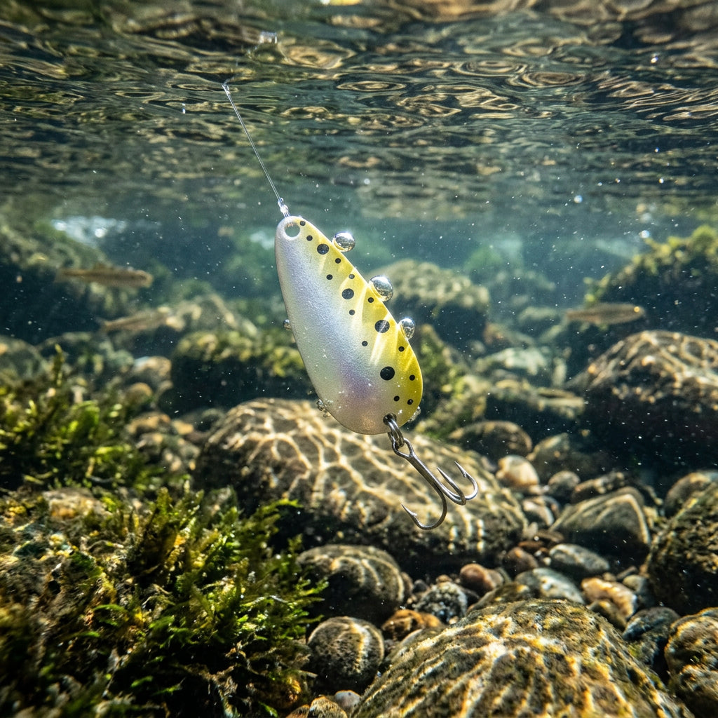 Fishing lure with white body and yellow top on a white background