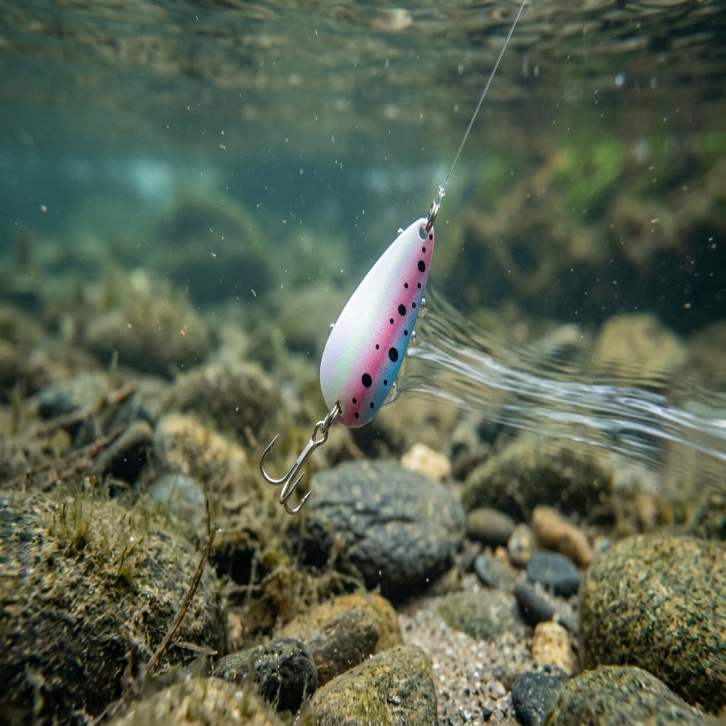 Fishing lure with a rainbow pattern on a white background