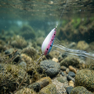 Fishing lure with a rainbow pattern on a white background
