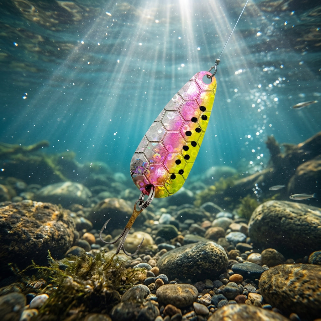 A multicolored fishing lure designed for trout with a treble hook.