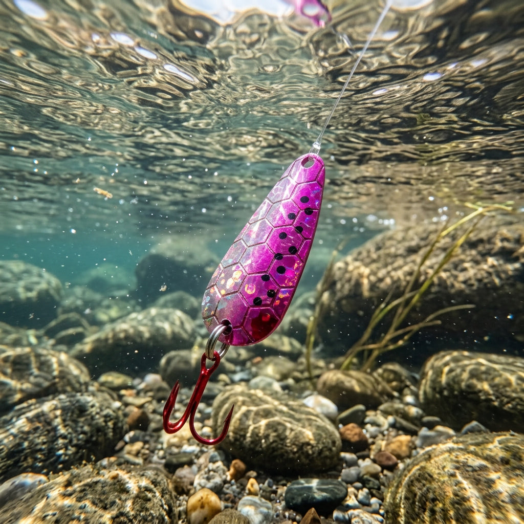A multicolored fishing lure designed for trout with a treble hook.