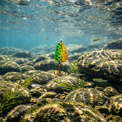 A multicolored fishing lure with a treble hook, primarily in yellow and green hues.
