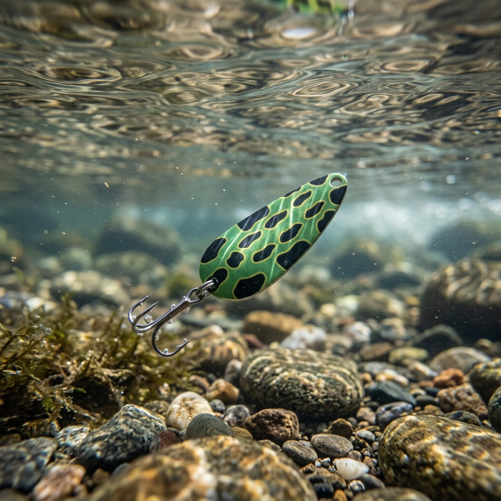 A nickel plated steel frog casting spoon with green and black color pattern, equipped with a treble hook.