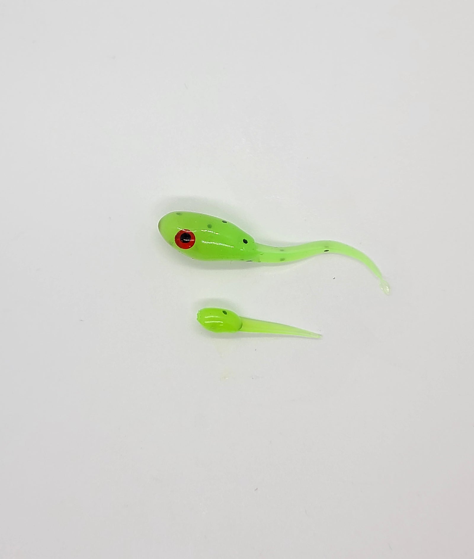Chartreuse-Black Fleck Size comparison between the Mighty Minnow and the Mini Minnow