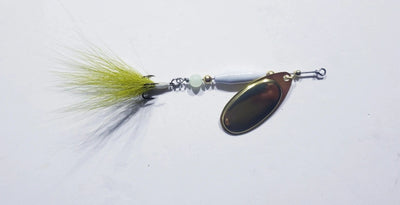 White with Olive buck tail & Glow bead