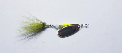 Chartreuse with Olive buck tail & Glow bead